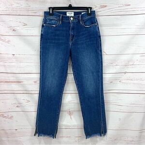 FRAME Le High Rise Straight Jeans Fisher Beach Crop Frayed Split Hem Jeans